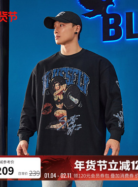 BLUESFLY健身长袖棉T恤男秋冬美式潮牌印花宽松休闲运动训练上衣