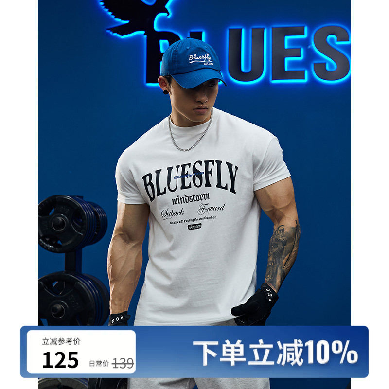 BLUESFLY运动健身短袖棉T恤男印花吸湿透气排汗潮牌休闲训练上衣