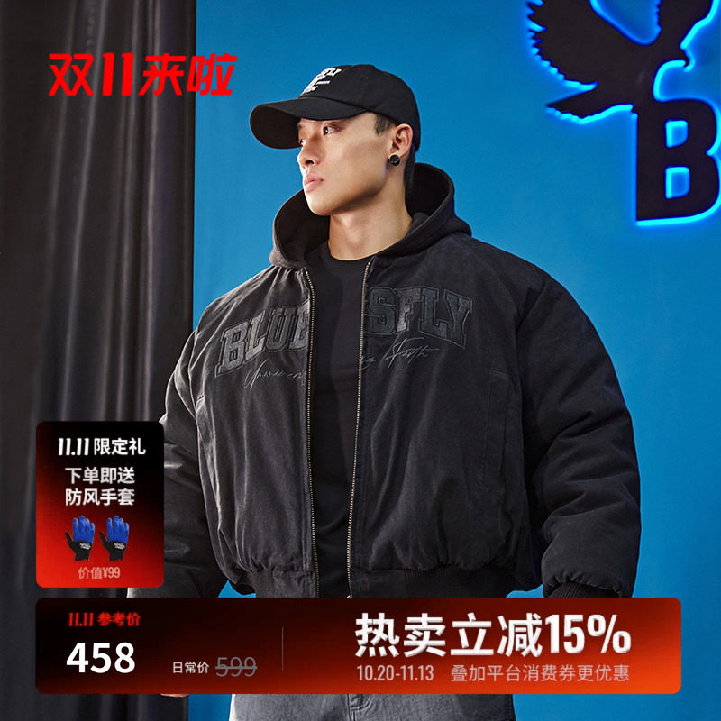 BLUESFLY美式做旧洗水夹克外套男冬加厚短款连帽工装bomber棉服