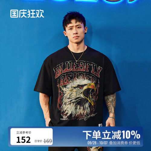 美式鹰头印花宽松短袖运动T恤