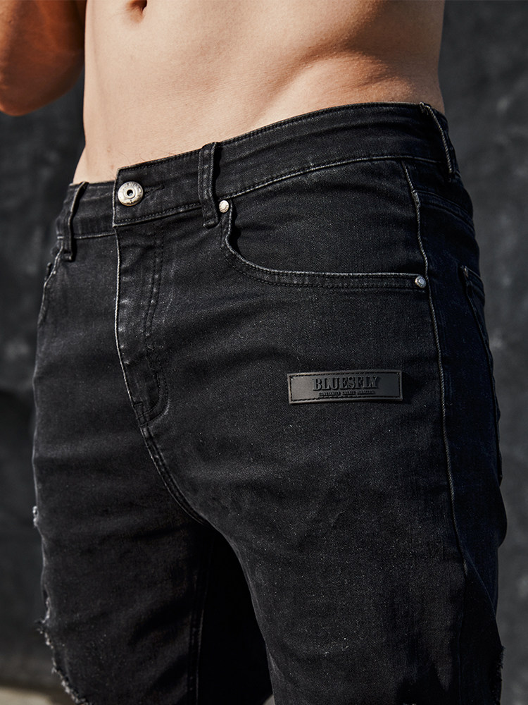 BLUESFLY 남성 피트니스 스포츠 트렌디 브랜드 캐주얼 슬림 고탄성 청바지 구멍이 작고 발이 작은 디스트레스드 트렌디 브랜드