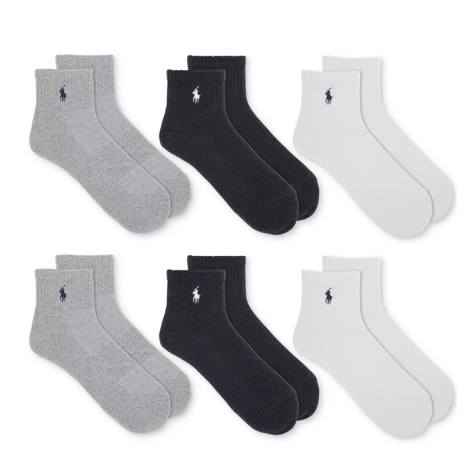 美国代购POLO男RL小马标袜子短袜中帮运动袜6双套装棉质黑白灰色