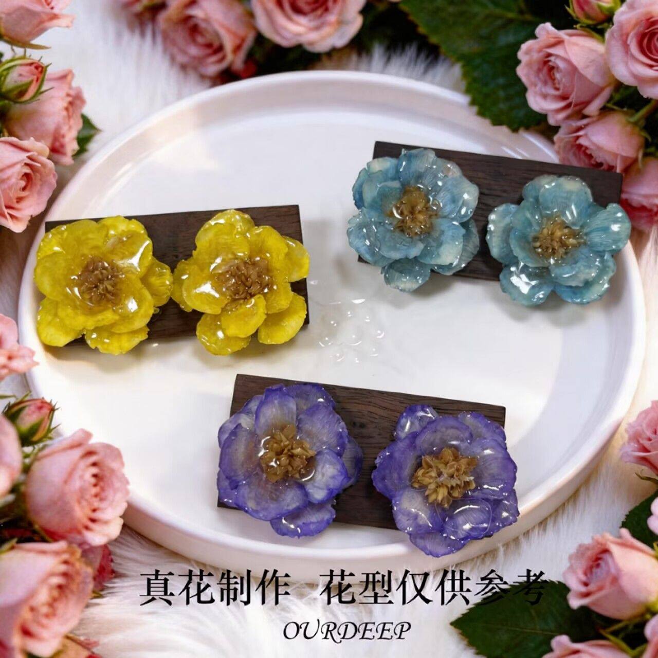 真花手工滴胶玫瑰银玲小众耳钉