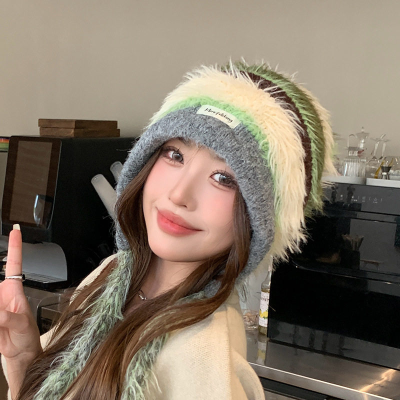 新款韩版秋冬保暖针织帽女时尚潮拼色抽绳护耳包头毛线帽户外帽子