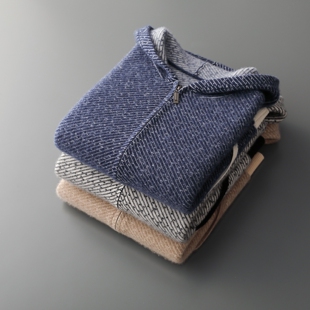 青年羊绒衫男带帽加厚毛衣拼色拉链开衫青少年羊毛衫连帽高中学生