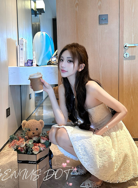 GENIUS DOT古典芭蕾~抹胸收腰礼服短裙早春纯欲白色蕾丝连衣裙