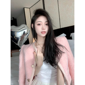 2025新款小香名媛风毛呢外套女装秋冬小众轻奢设计感粉色上衣