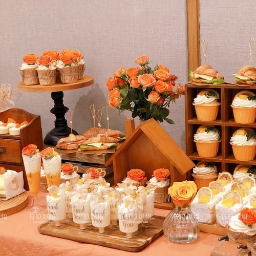 橙色系甜品台婚礼纸杯子蛋糕订婚装饰森系橘色插件布置慕斯杯贴纸