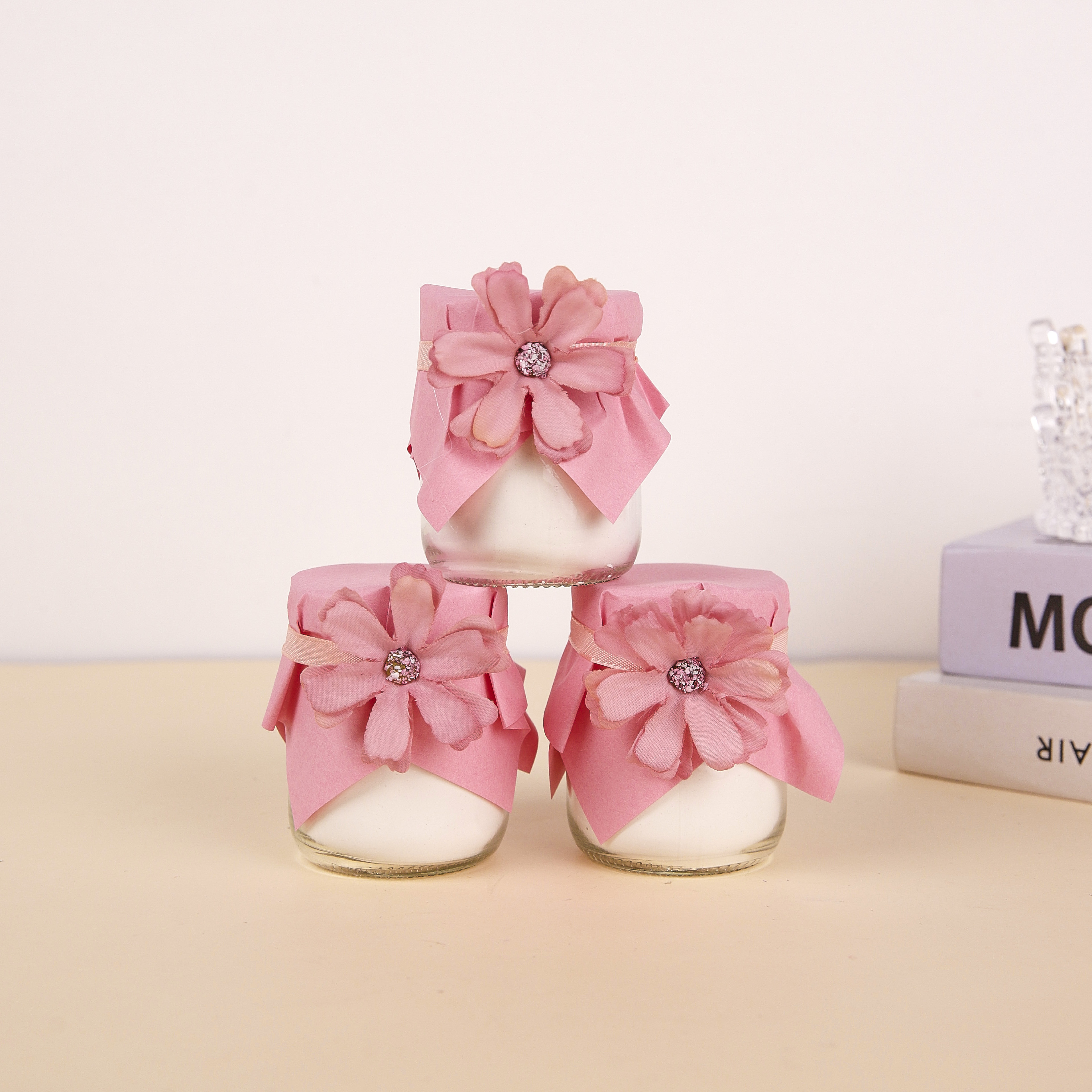 粉色花束绑带布丁杯封口纸婚礼装饰生日甜品台蕾丝布丁纸蛋糕摆件