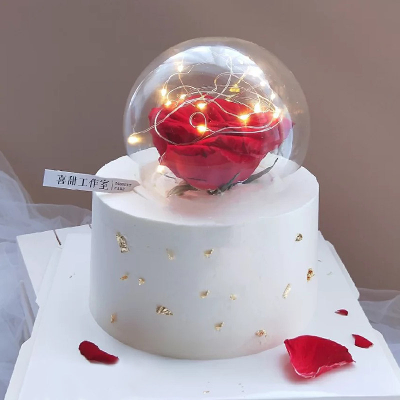 网红告白透明玻璃球蛋糕装饰串灯水晶罩烘焙真玫瑰生日插件摆件