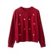 女毛线衣外套上衣学院风 红色小马刺绣圆领针织开衫 2026春秋季 新款