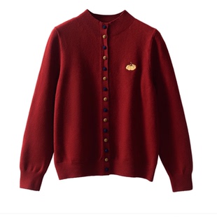 女彩扣加厚毛衣外套 小南瓜刺绣深红色立领单排扣针织衫 冬季 新款