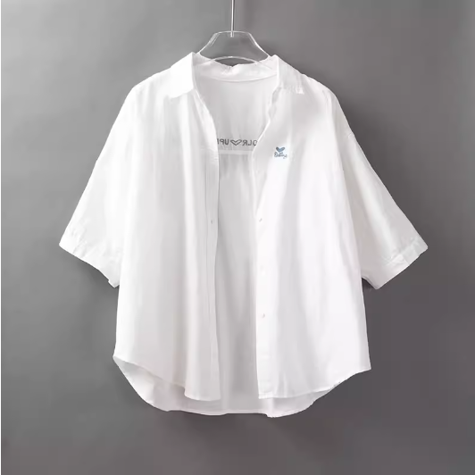 夏季POLO领字母刺绣白色短袖衬衫女时尚休闲蓝色衬衣开衫薄款外套