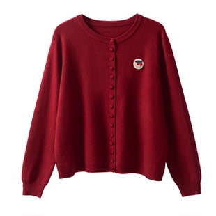 春秋新款红色圆领针织开衫女宽松显瘦短款樱桃刺绣毛衣外套学院风