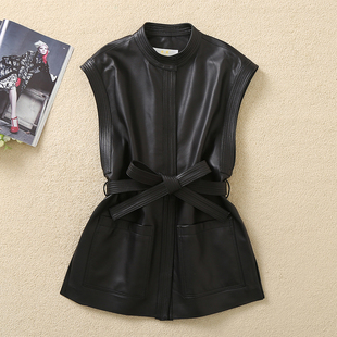 百搭潮 直筒休闲绵羊皮腰带中长款 皮衣女欧洲站背心马甲无袖 宽松版