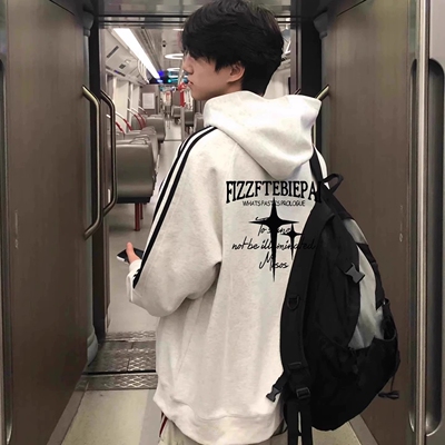 美式三条杠连帽卫衣男秋冬加绒