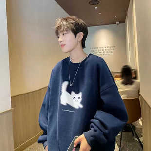 加厚加绒美式 圆领卫衣男春秋冬季 复古重磅潮牌宽松上衣学生外套潮