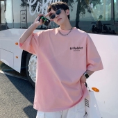 青少年宽松半袖 t恤男夏季 潮牌潮流上衣重磅体恤 100%粉色短袖 美式
