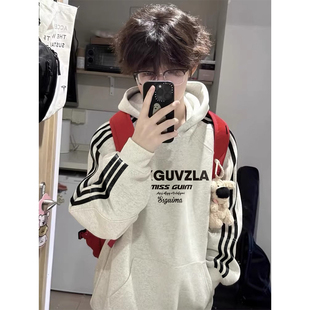 美式潮牌重磅纯棉三条杠连帽卫衣男秋冬加绒宽松痞帅字母印花外套