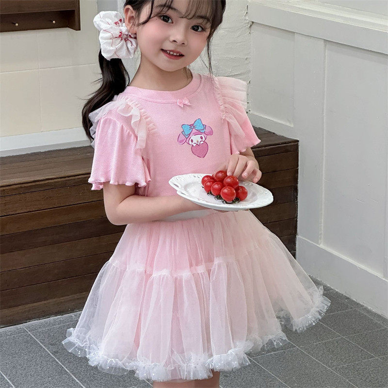 女童套装裙夏tutu裙新款宝宝洋气儿童小飞袖短袖上衣蓬蓬裙两件套