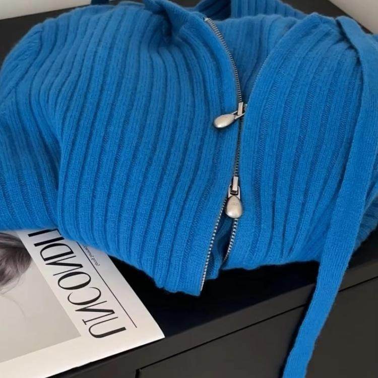 克莱因蓝双头拉链坑条连帽针织衫设计感超好看复古毛衣外套早春季,女装/女士精品,毛针织衫,淘宝优惠券,粉丝福利购,淘宝优惠卷