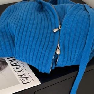 克莱因蓝双头拉链坑条连帽针织衫设计感超好看复古毛衣外套早春季