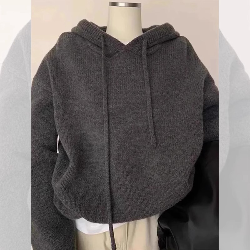 灰色连帽抽绳针织打底衫毛衣