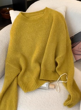 2023秋冬新款濮院桐乡羊绒衫黄色软糯马海毛毛衣圆领套头针织衫女