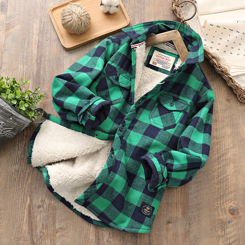 加厚衬衫格子绿色双层长袖童装