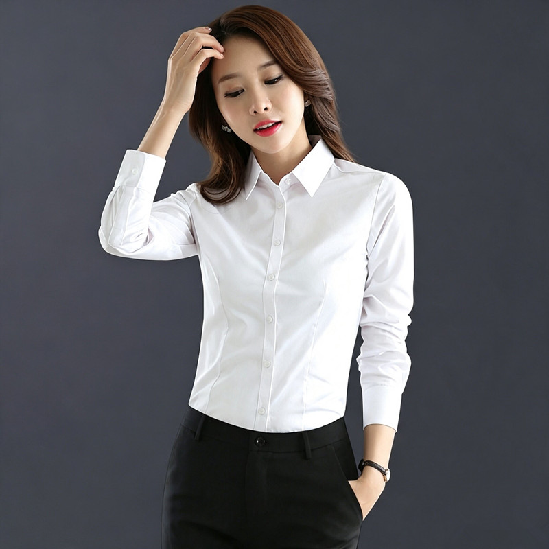 白色衬衫女长袖职业正装收腰显瘦工作服通勤修身翻领商务气质衬衣