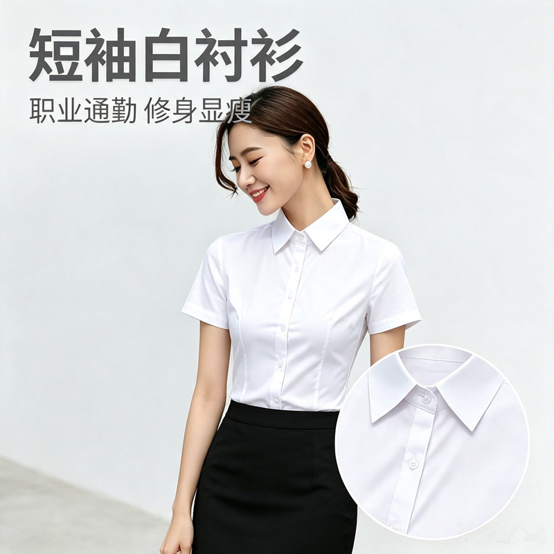 短袖职业白衬衫女夏季翻领修身不透银行工作服浅蓝色面试正装衬衣