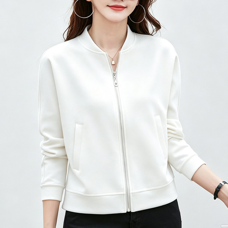 白色棒球服短外套女秋简约纯色拉链开衫卫衣通勤百搭立领夹克上衣