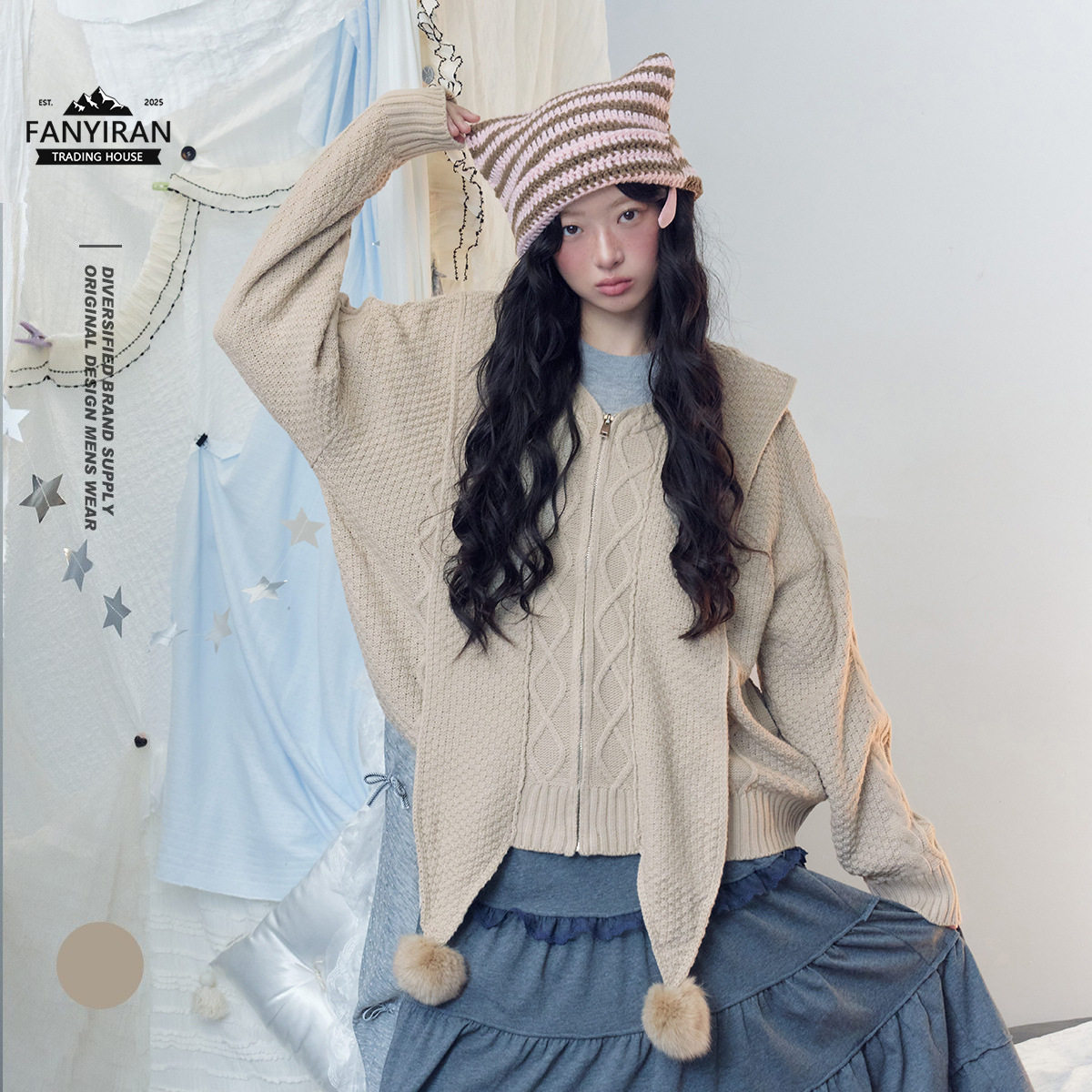 自然STAFFPICK韩系复古设计感毛衣女生针织上衣秋冬连帽外套