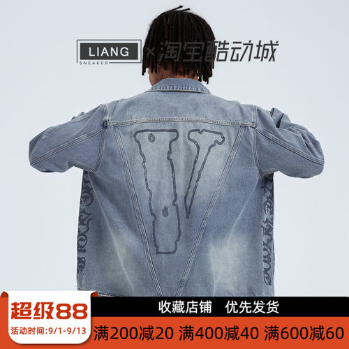 VLONE哥特风标语大LOGO印花立体剪裁做旧水洗休闲牛仔夹克