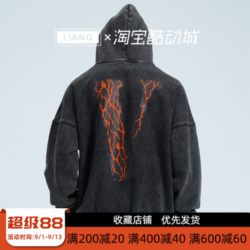 VLONE拉浆火山熔岩大LOGO印花 做旧水洗宽松连帽卫衣 男女同款