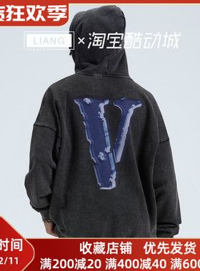 VLONE X光透视大LOGO印花  做旧水洗宽松连帽卫衣 男女同款