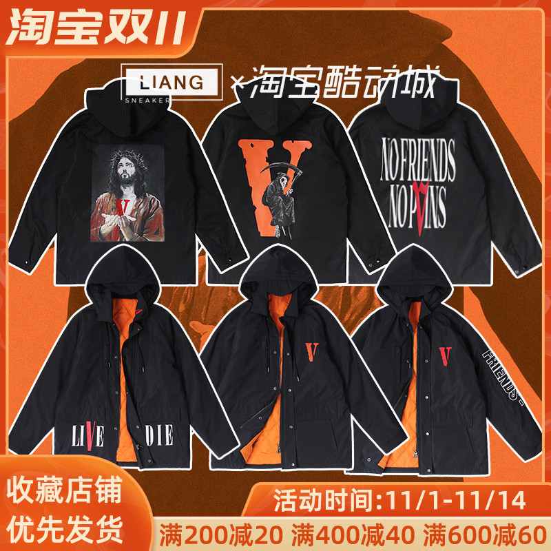 VLONE 刺绣印花休闲人物字母连帽宽松棉服 男女同款 黑色