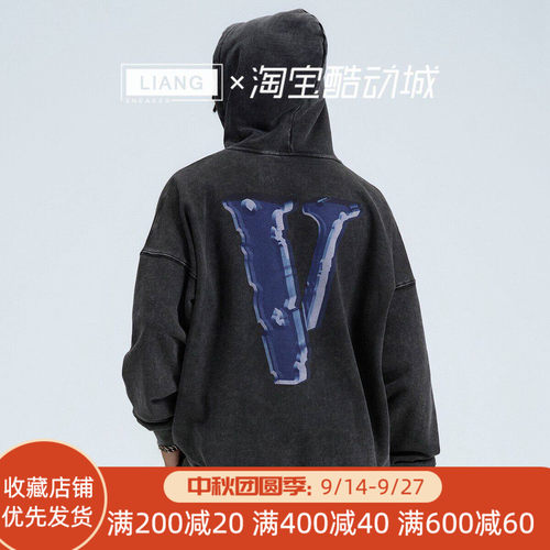VLONE X光透视大LOGO印花  做旧水洗宽松连帽卫衣 男女同款