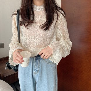 洋气蕾丝白色打底衫女内搭性感网纱春秋百搭长袖上衣仙女超仙森系