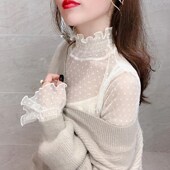 洋气内搭超仙喇叭袖 新款 半高领波点网纱上衣潮 女士秋季 蕾丝打底衫