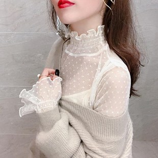 蕾丝打底衫女士秋季新款洋气内搭超仙喇叭袖半高领波点网纱上衣潮