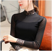 新款 内搭半高领蕾丝网纱打底衫 长袖 2021秋季 T恤女欧洲站欧货小衫