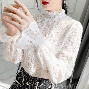蕾丝打底衫女内搭半高领网纱秋冬加绒宽松2022新款法式灯笼袖上衣