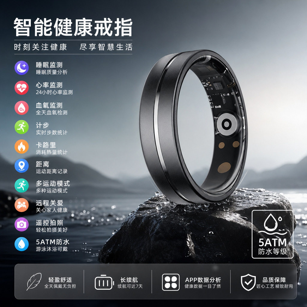 蓝牙ai智能戒指心率计数智能穿戴跨境健康监测智能指环smart ring