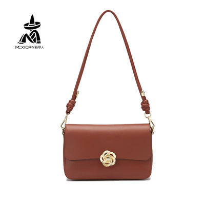 稻草人牛皮女包2025新款专柜正品真皮高级单肩腋下山茶花小方包包