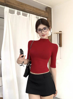 半高领中袖t恤女春夏秋高智感修身显瘦五分半袖纯欲辣妹红色上衣