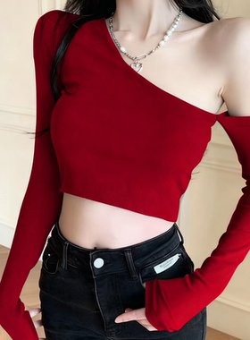 美式辣妹性感露肩T恤女春秋季短款紧身显瘦新款斜肩长袖打底上衣