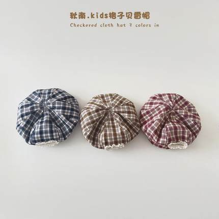 早秋洋气薄款男女宝宝速干复古画家帽时尚格纹儿童贝雷帽时装帽子