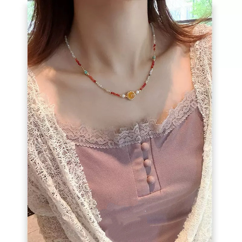夏日多巴胺蜜蜡天河石串珠项链女轻奢高级感锁骨链设计感小众颈链
