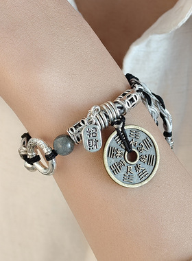 新中式复古连串铜钱平安扣编织手绳 藏式民族风黑白ins风百搭手链